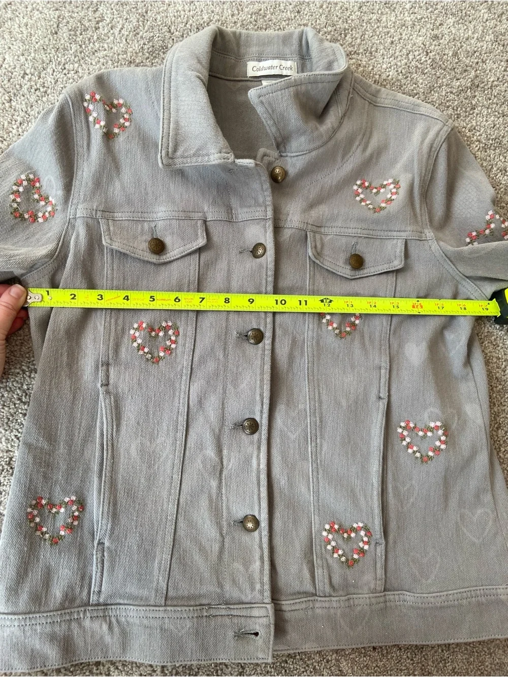 Coldwater Creek Embroidered Floral Heart Knit Denim Jacket Gray Sz M